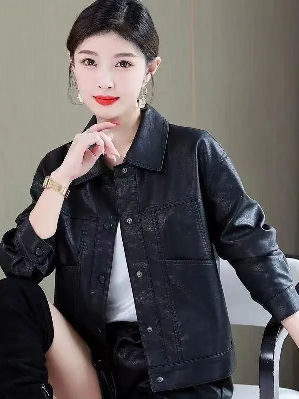 معطف Bla Leather Jaet النسائي ort Sle Retro Hong Kong Faion فضفاض من جلد البولي يوريثان للتنقل العادي Sve طويل...