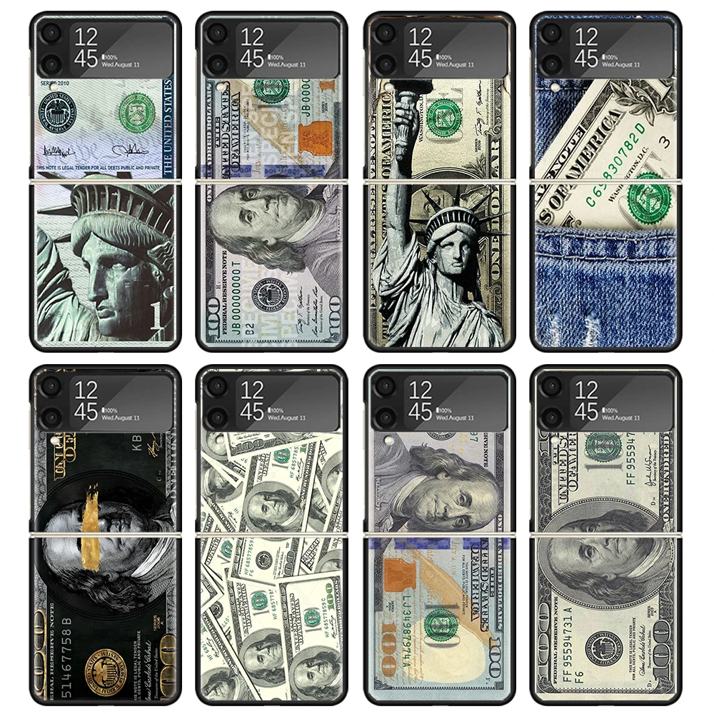 Banknote Dollar Cash Money Case For Samsung Galaxy Z Flip 4 5 3 z Flip5 Flip4 5G Hard Phone Cover Flip3 Split Folding Black Plas