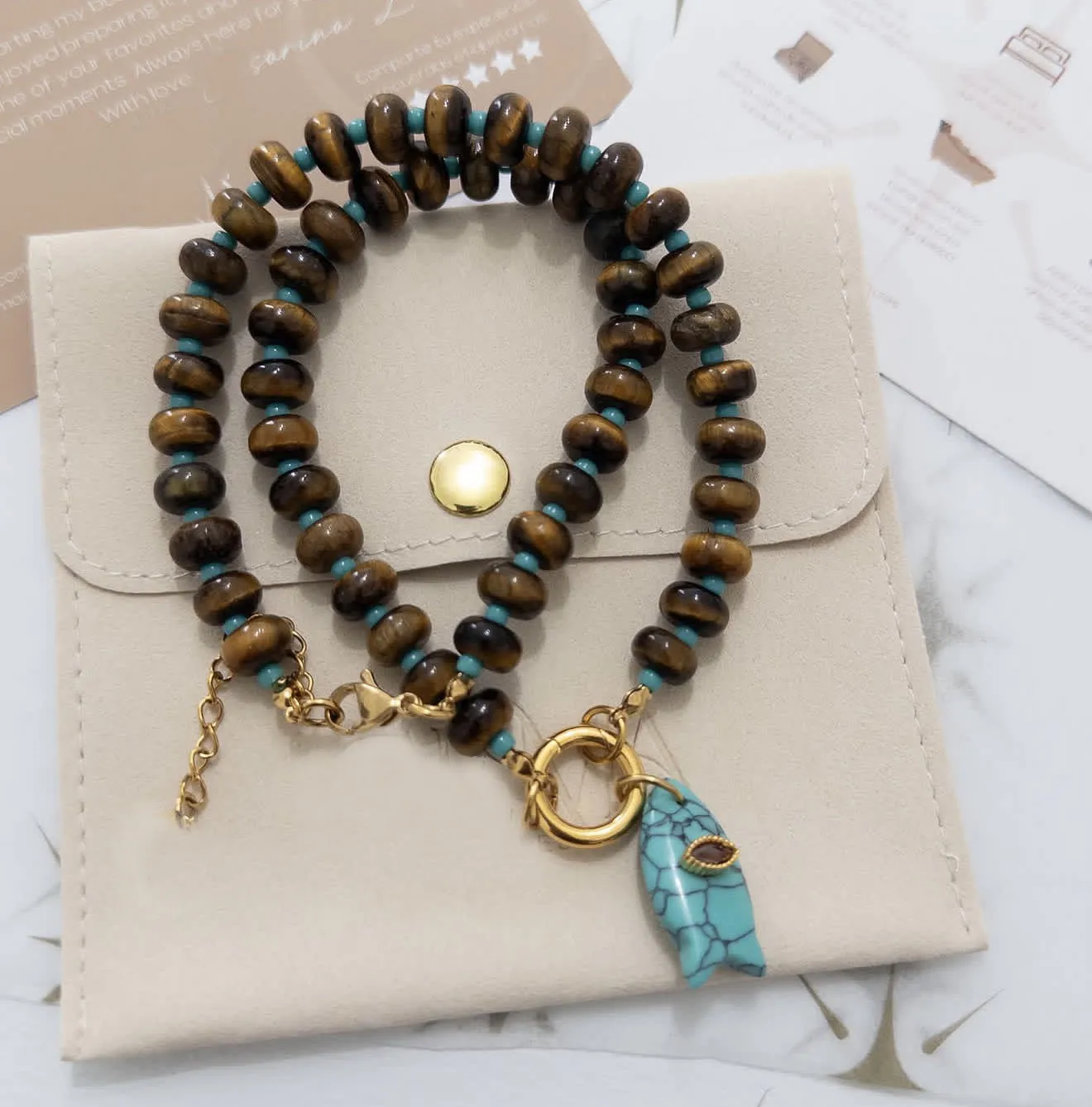 [No box] European American autumn winter Retro Good natural tiger eye stone handmade bead necklace pine stone small fish pendant