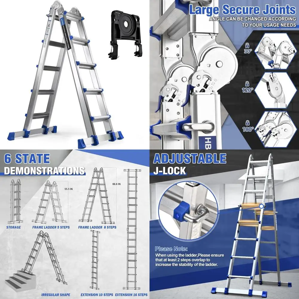 5-staps verlengladder, 19ft verstelbaar, draagvermogen 330 lbs, met afneembare lade en stabilisator