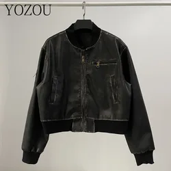 [YOZOU] Vintage Oversized Black Brown Clean Fit PU Faux Eco Leather Bomber Jacket Zipper Coat Streetwear Stylish Outerwear