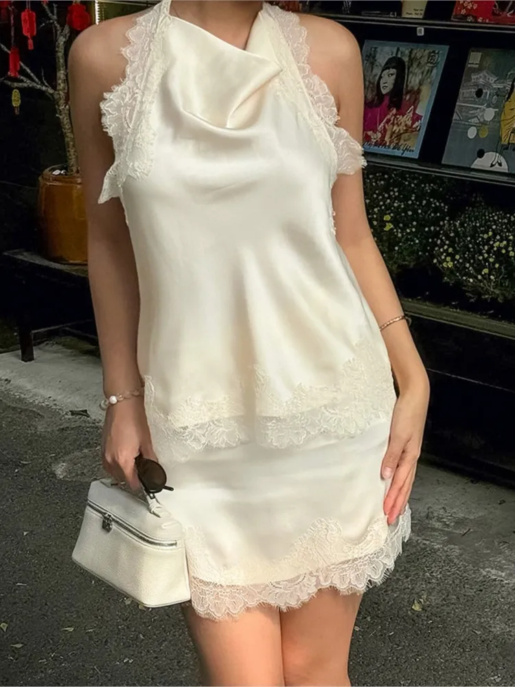 MsChuh Summer Woman 2 Piece Set Outfit Solid Color Lace Patchwork Neck Halter Backless Short Skirts Two Piece Outfits Casual
