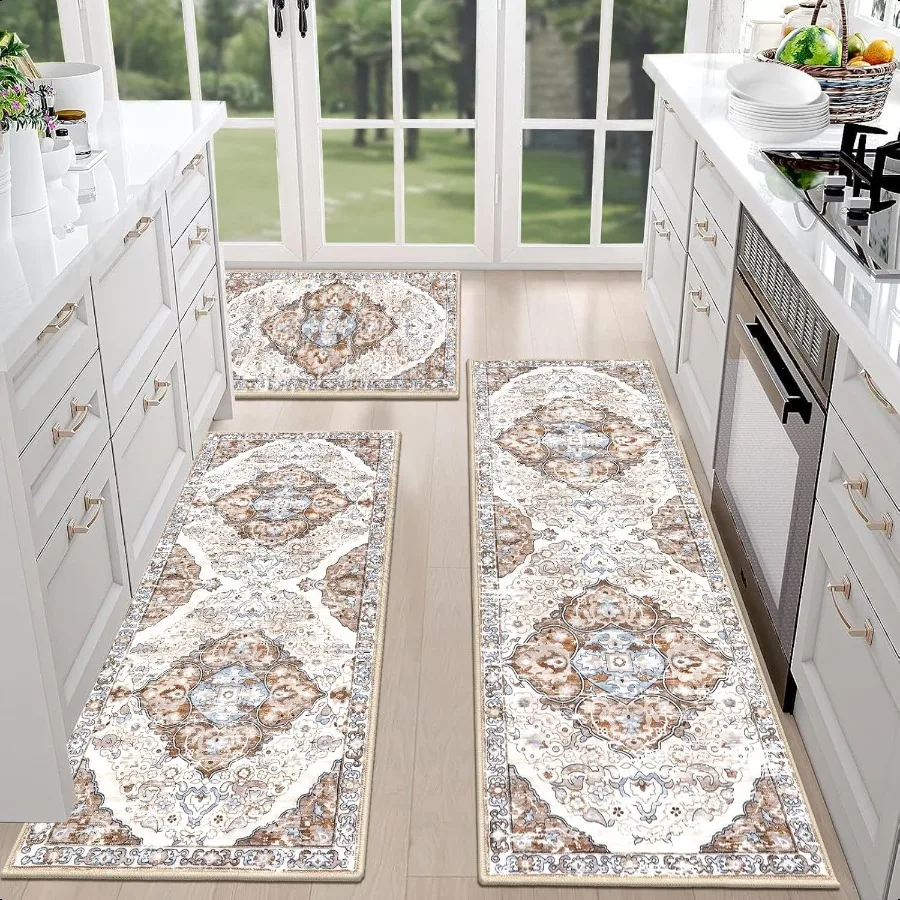 

HEBE Farmhouse Kitchen Rugs Sets of 3 Non Slip Washable Boho Kitchen Rugs and Mats for Floor Kitchen Runner Rug Floor Carpet fo