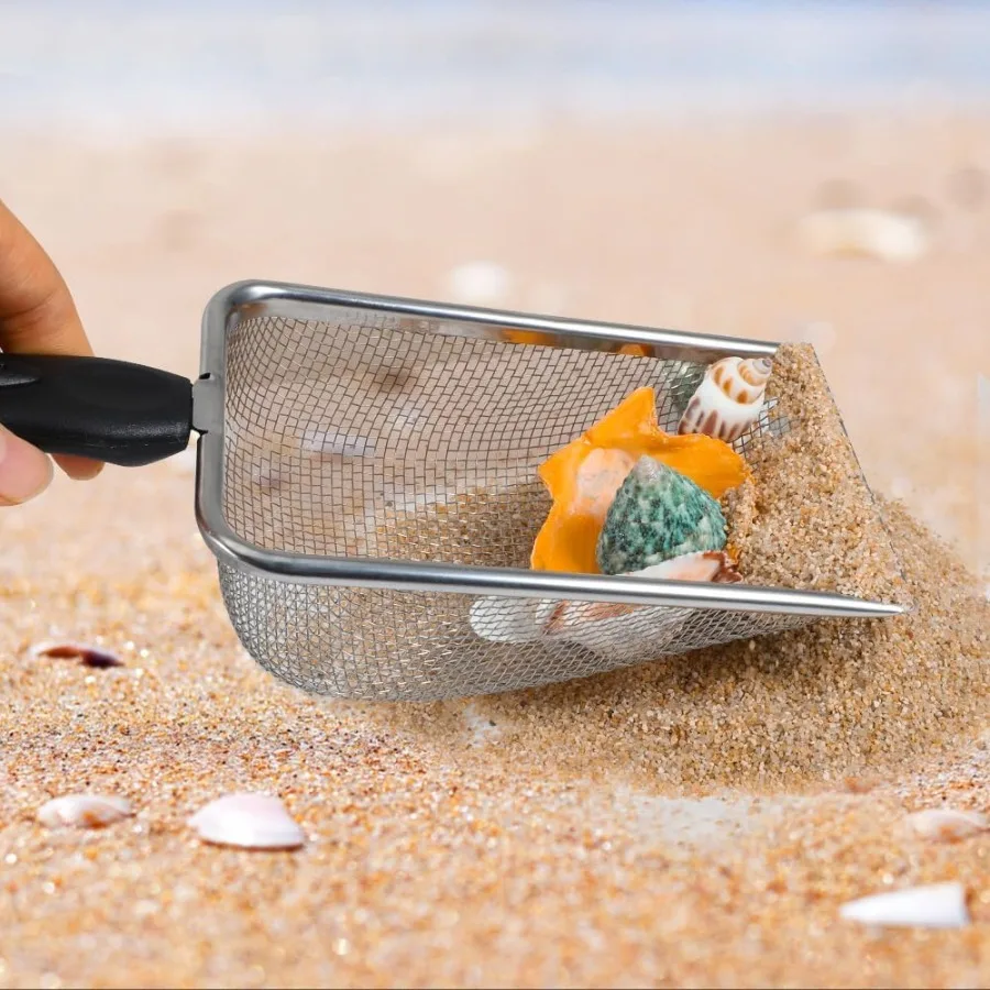 Pifter de arena para playa, 3 juegos de postes telescópicos de arena para tamizar la playa con cestas de cucharas, bolsa de malla para recoger conchas, palas, tiburón T