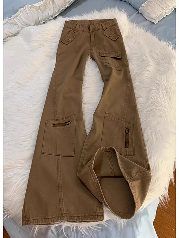 Brown High Waist Cargo Denim Jeans Men's Spring Autumn American Retro Vibe Pants Multiple Pockets Long Leg Micro Flare