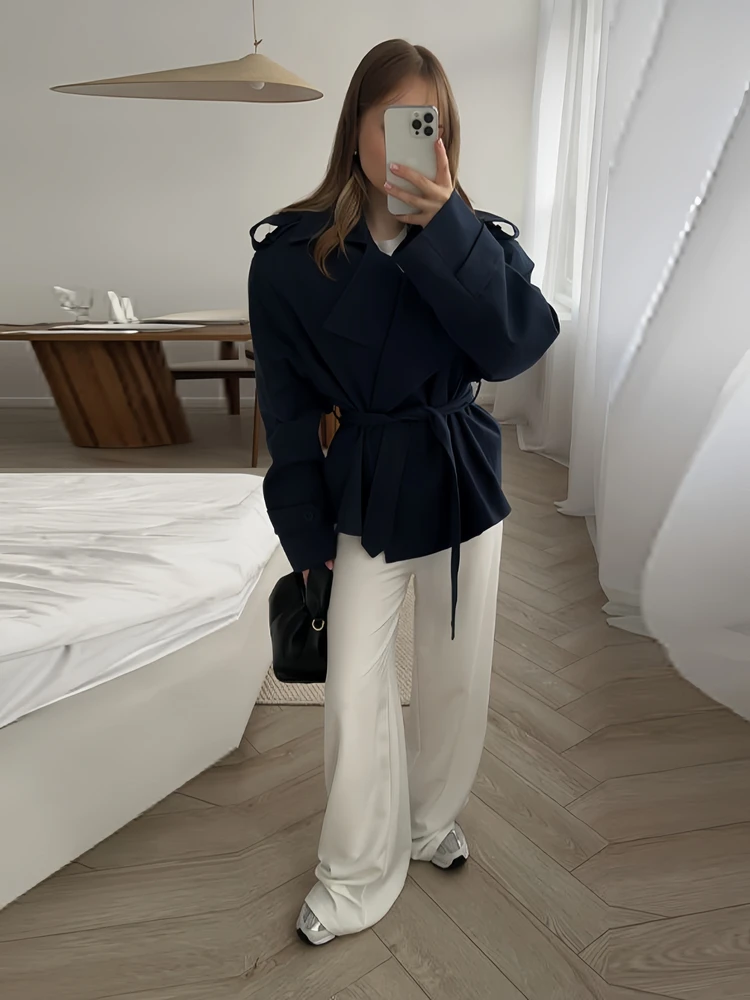 

Autumnal Briti American Sle ort Coat with Belt Large Collar Faionable Simple Design High-End Feel Women's Jaet