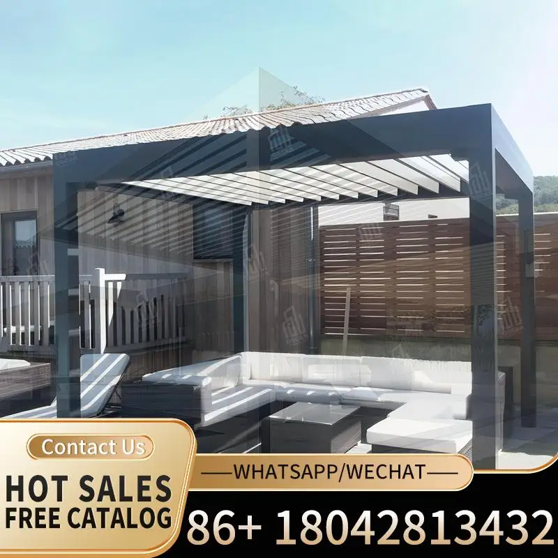 Outdoor Bioclimatic Pergola with Automatic Motorized Waterproof Roof Classic Luxury Garden Gazebo for Powder Coated Use in Backy