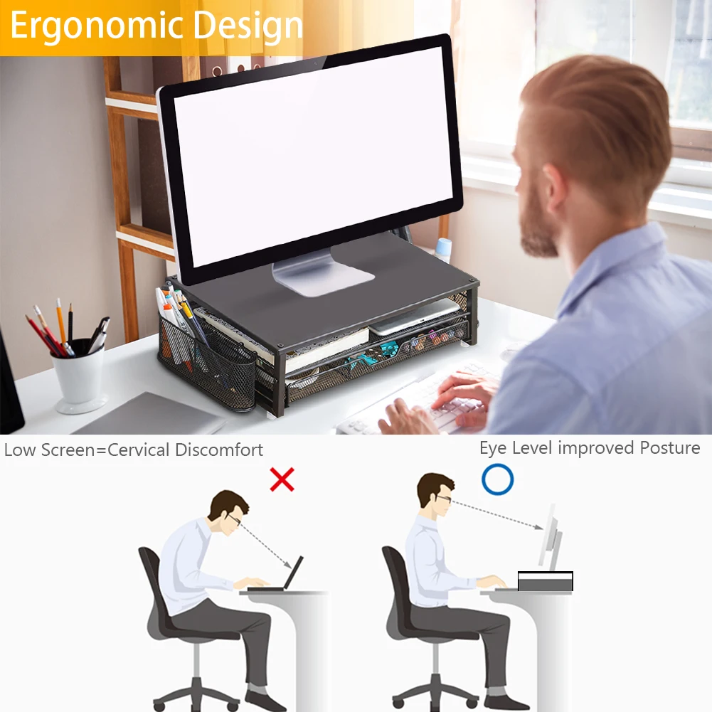 حامل شاشة كمبيوتر من طبقتين مع درج وحامل قلمين منظم مكتب شاشة مكتب ملحقات مكتب مكتب