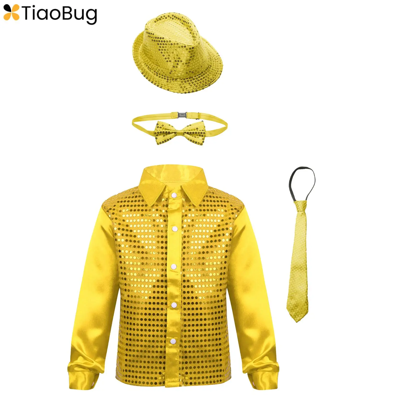 

Kids Boys Sequins Long Sleeve Shirts Latin Hip Hop Jazz Dance Top with Hat Bowtie Necktie Stage Performance Disco Costume