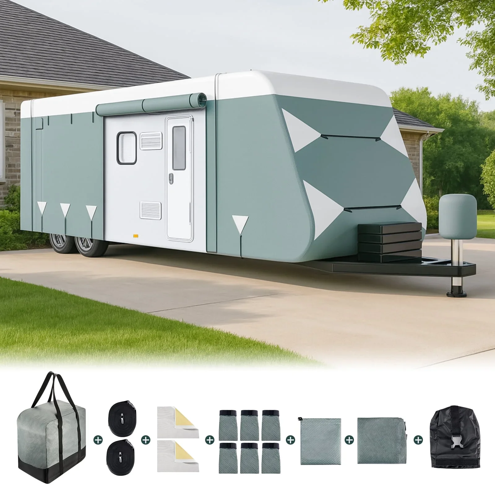 

20.1-34FT Heavy Duty 6 Layers Thick Travel Trailer RV Cover, Waterproof UV Resistant with Windproof Straps Sunshade Protector