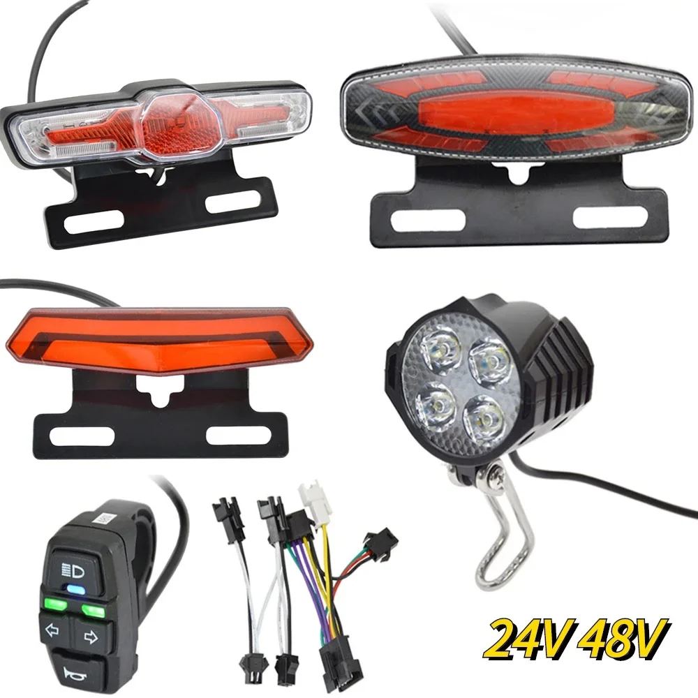 E-Bike Front Brake Rear Light Set 24V 48V Bike Rack Lamp with Horn Headlight Switch Electric Bicycle Turn Tail Light Accessories