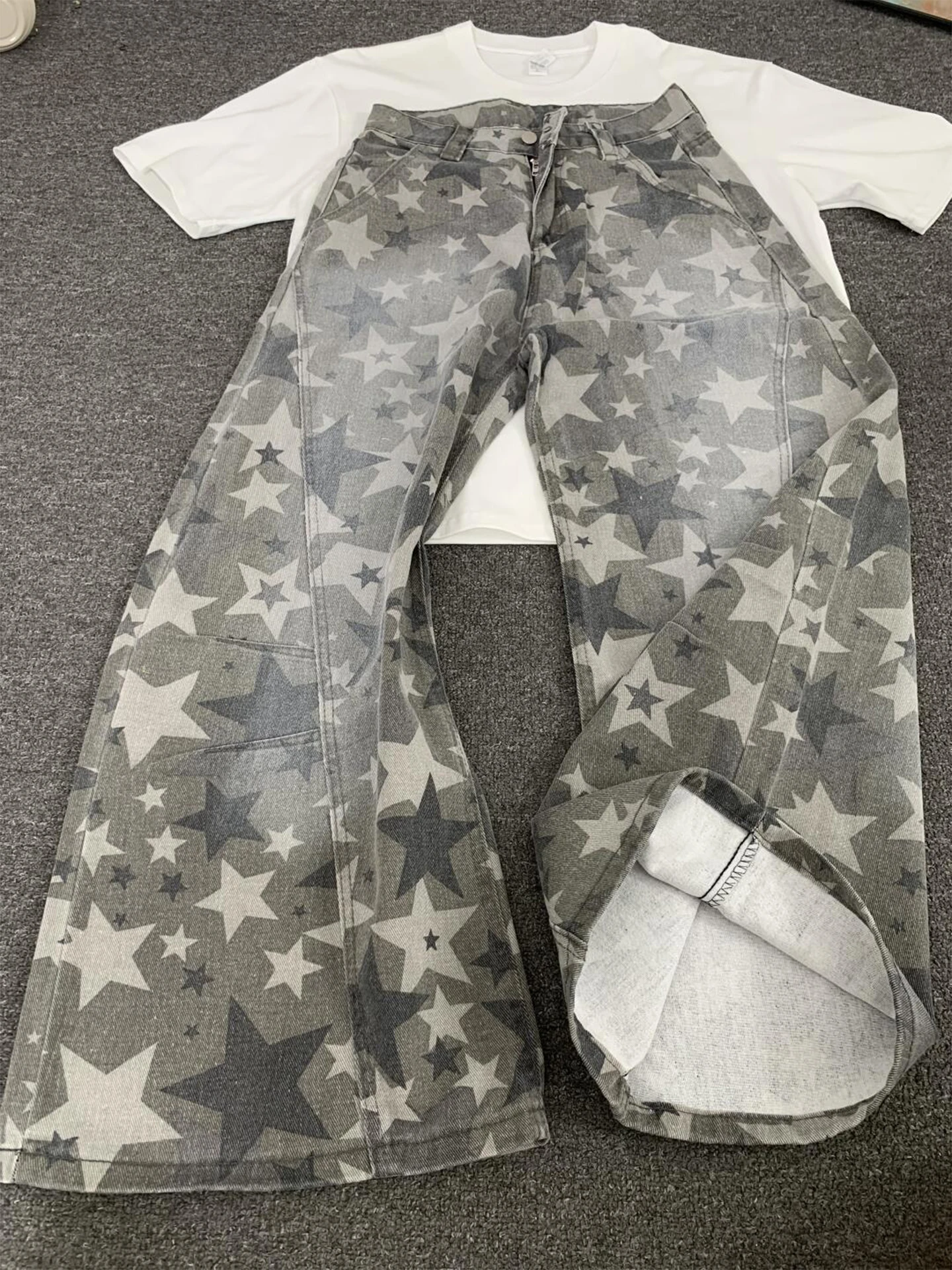 

Мужские рабочие брюки Cleanfit в американском стиле, камуфляжные, осенние, с эффектом потертости, широкие штанины, с градиентным цветом и звездным принтом, повседневные брюки