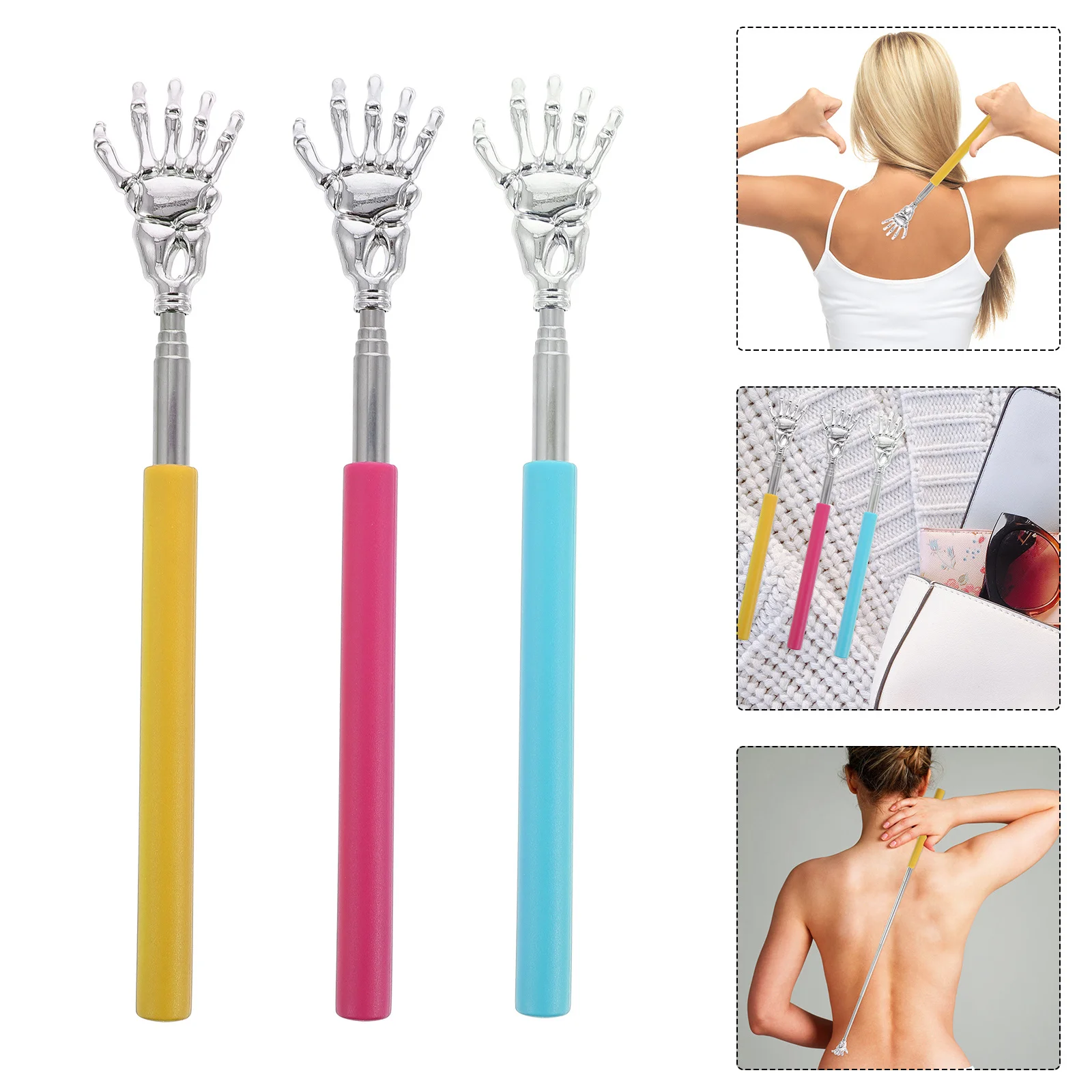 3 stücke Edelstahl Teleskop Zurück Scratcher Lange Reichweite Körper Massage Werkzeug Für Juckreiz Relief Tragbare Langlebige Metall Backslappen