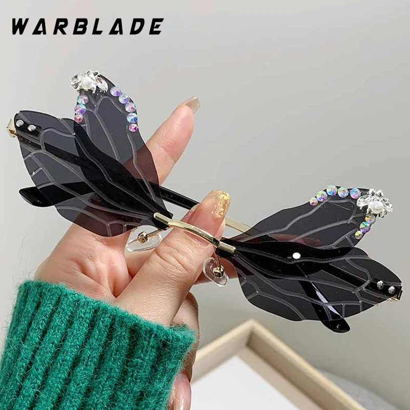 

2025 Trendy Rhinestone Design Butterfly Rimless Fashion Women's Sunglass Metal Leg Men Sunglass Party Street Snap Eyewear UV400