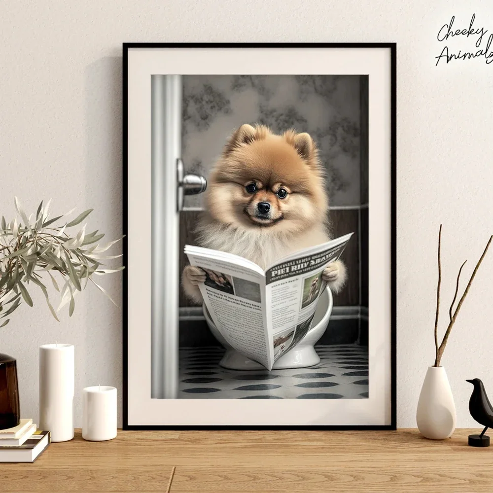 Frameless canvas paintings,Dog Sitting on Toilet Reading Newspaper Cute Dog Photo Pomeranian Corgi Shiba Inu photo Bathroom Deco