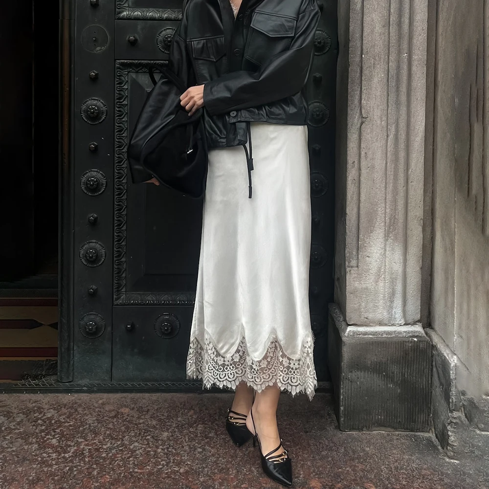 

Talenza White Satin Maxi Skirts Fashion Lace Patchwork Casual Loose Skirts Summer New Party Vacation High-Waisted Women's Skirts