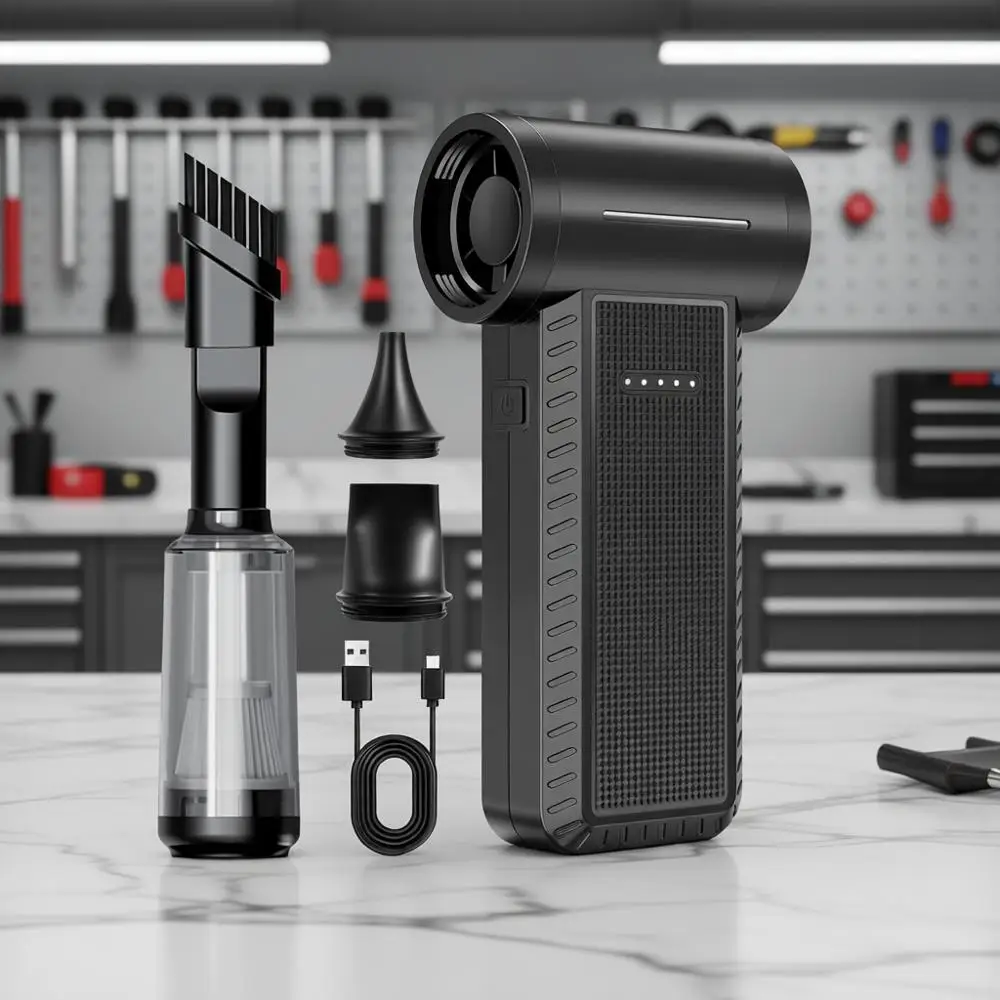 

Electric Air Duster & Vacuum Cleaner, 130000 RPM Brushless Motor, Compressed Air Blower, Cordless, Battery Powered, 15-Piece PC