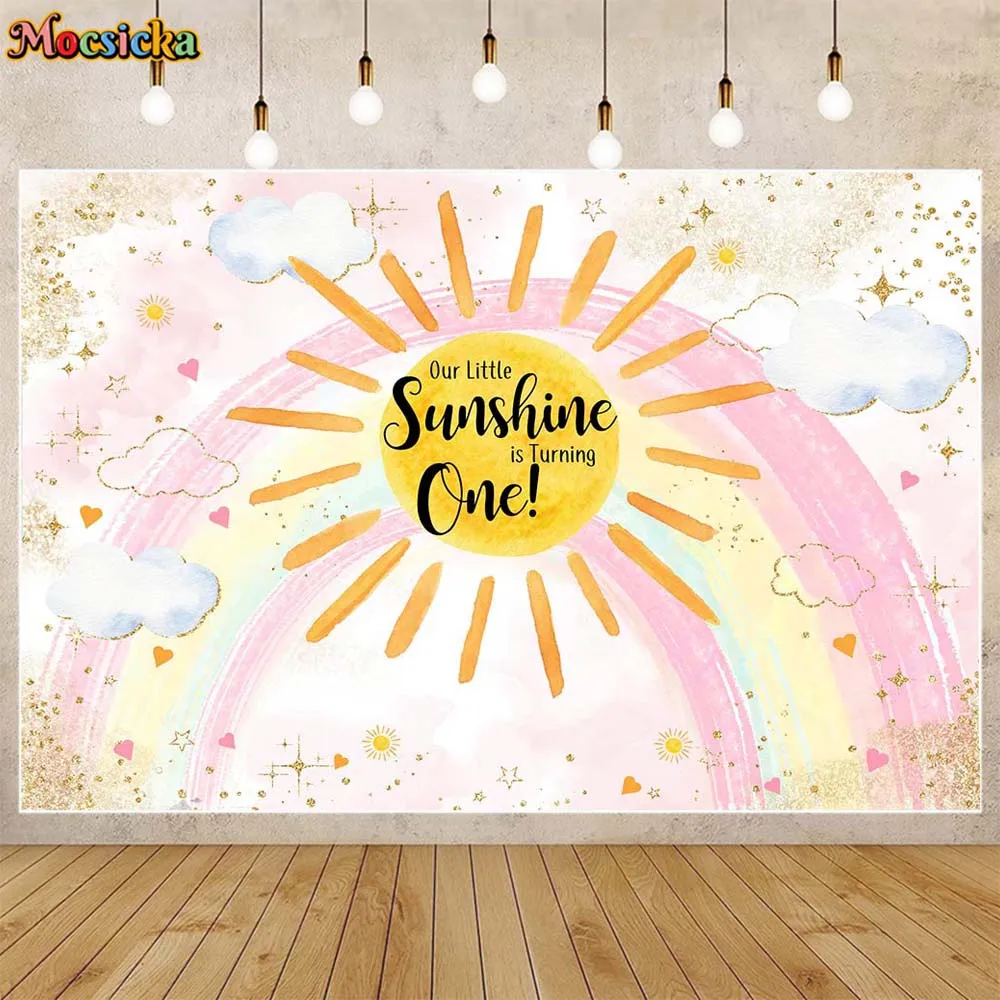 

Mocsicka Baby 1st Birthday Backdrop Rainbow Sun Girl Our Little Sunshine is Turning One Photo Background Decor Photostudio Props