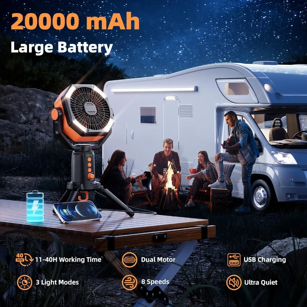 

Fans, Rechargeable, Foldable 20000mAh Battery Powered Camping Fan with Powerful Dual-Motor, LED Lantern, Remote, Fan