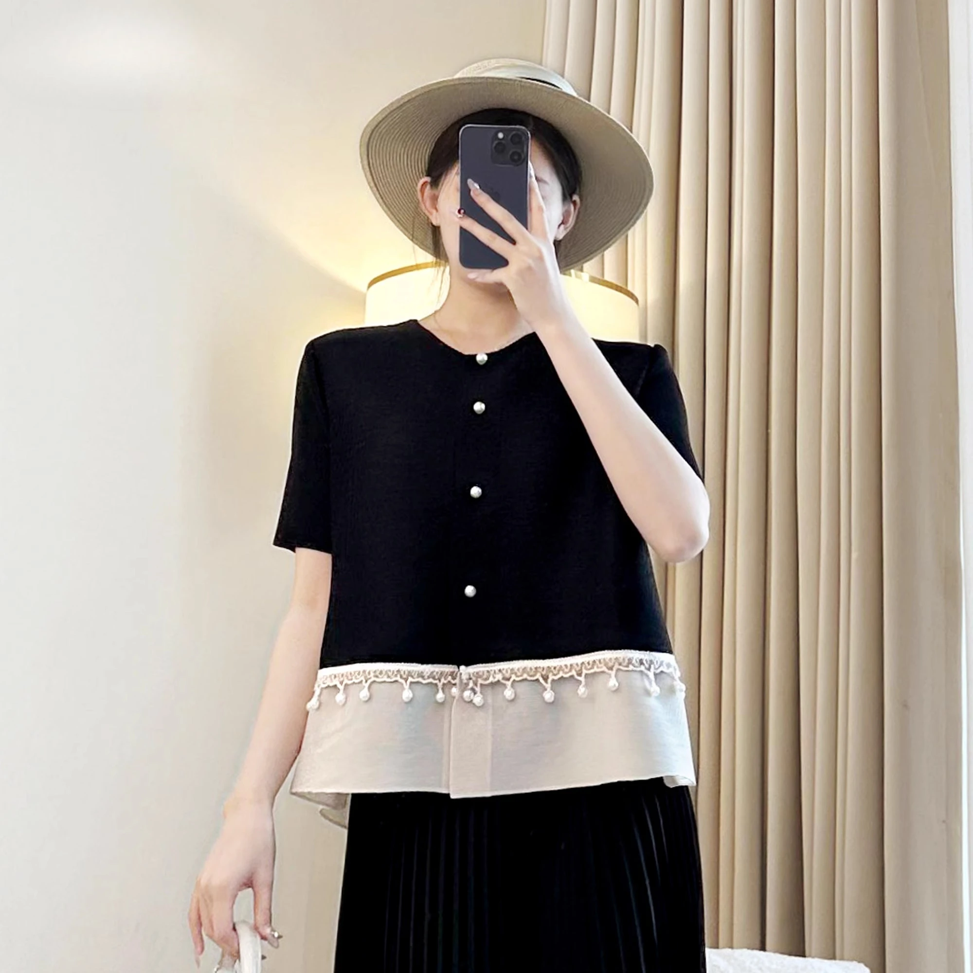 Letnia Sanzhai Prosta Jednolita Kolorowa Koralikowa Okrągła Dekoltowa Kurtka Top Nowa Luźna Temperamentna Duży Rozmiar Jednorzędowy Kardigan