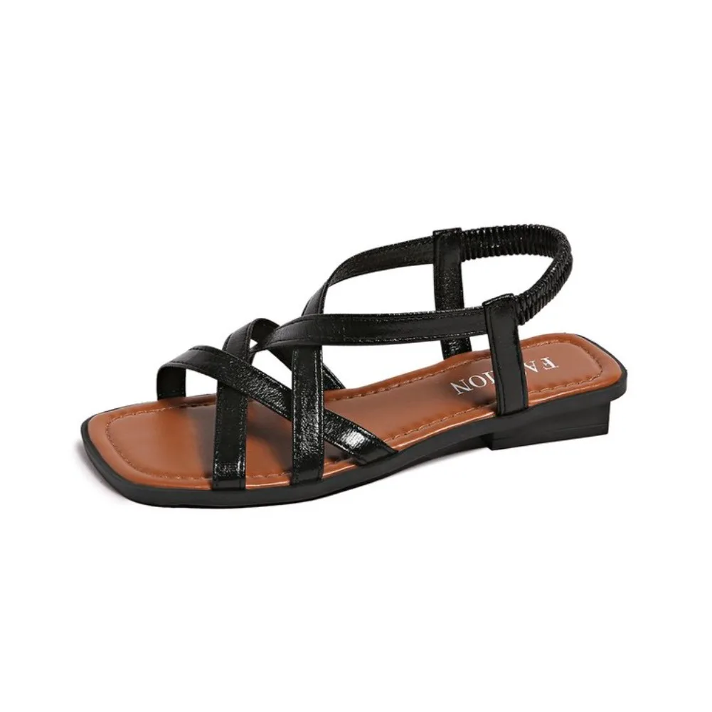Große Größe Modische Römische Kreuzriemen-Sandalen mit Flachem Boden Damen-Strandsandalen mit Elastischem Band Bequeme Damensandalen – Detail 2