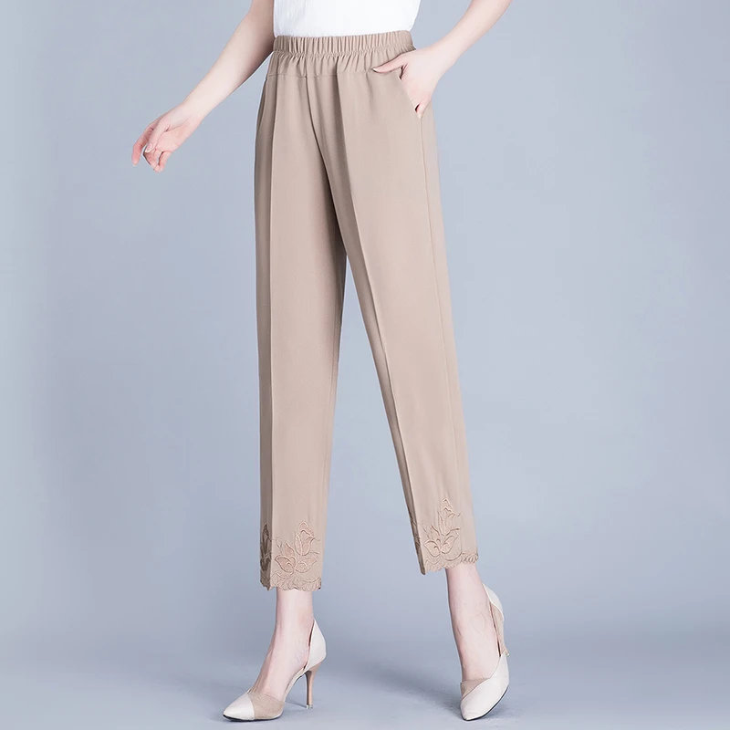 Summer Cool Bottom Embroidered Chiffon Pants Women's Thin High Waist 2025 Elastic Loose Straight Leg Pants Women's Casual Pants