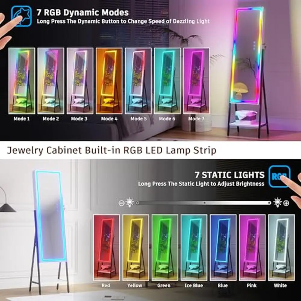 LED Jewelry Cabinet 63" H Full Length Mirror Storage Armoire Remote Control RGB Lights Standing Jewelry Mirror Cabinet Makeup