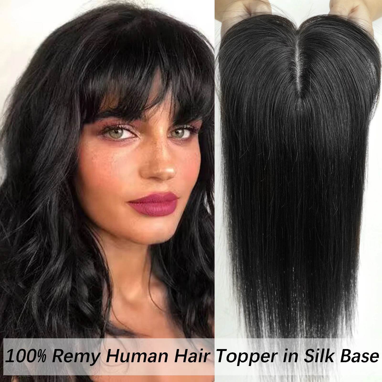 Toppers de cabello con flequillo para mujer, cabello humano Remy 12/14 Real, Clip de Base de seda, pieza de cabello fino, negro Natural, 10/100%\