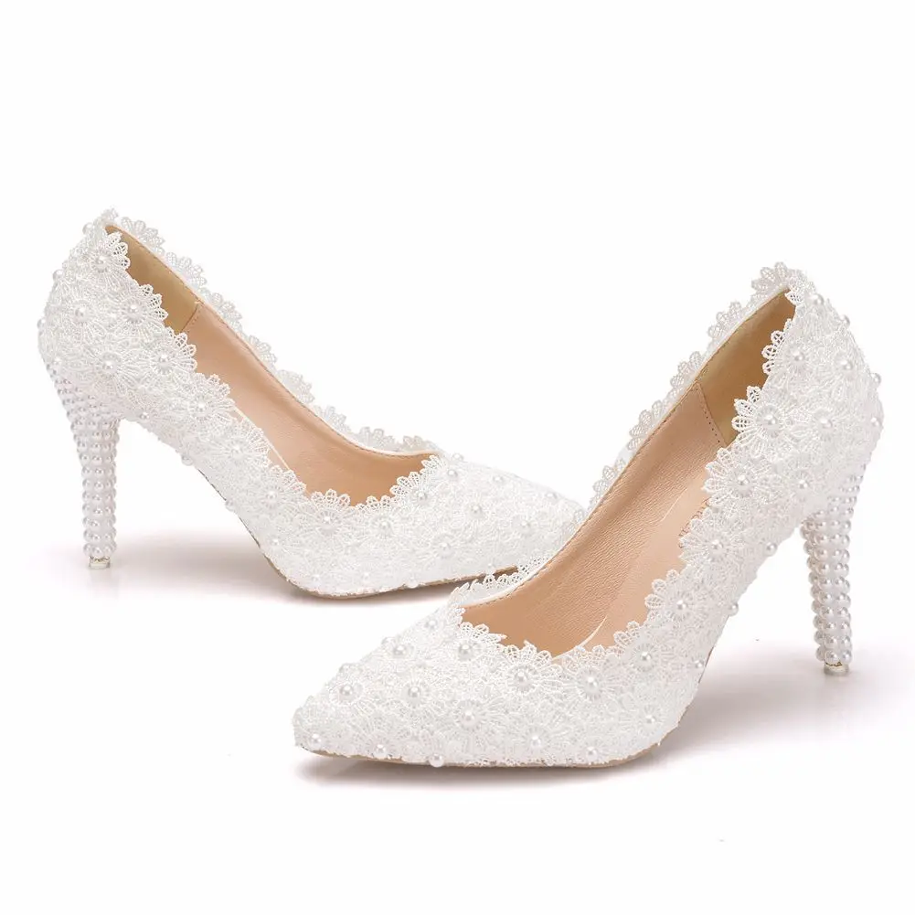 Wedding Bridal Woman Pumps Lace Flower Pearl Pointed Toe PU 9.5CM Thin High Heels Party Dance Shoe Women Shoes White