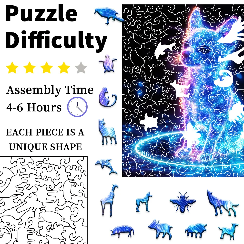 Puzzle in legno di alta qualità: adorabili forme di animali irregolari a tema cucciolo e alieno – Arte decorativa, gioco da tavolo e Uni