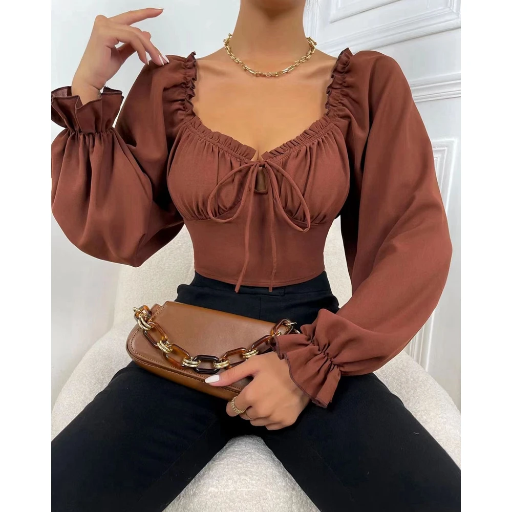 Spring Summer Frill Long Sleeve Low Neck Top Woman V- Neck Lace-up Lantern Sleeve Tunic Top Blouse Women Lolita Trendy Shirts