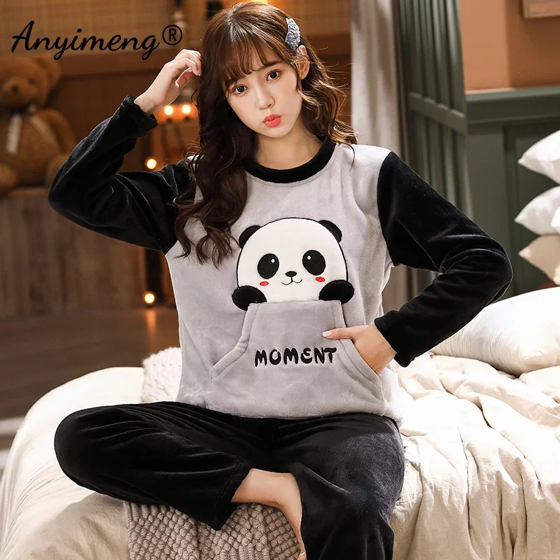 Plus Size Cute Monster Pajamas Set for Couple Fashion Homewear for Women Pullover Flannel Winter Thick Preppy Sleepwear for Men