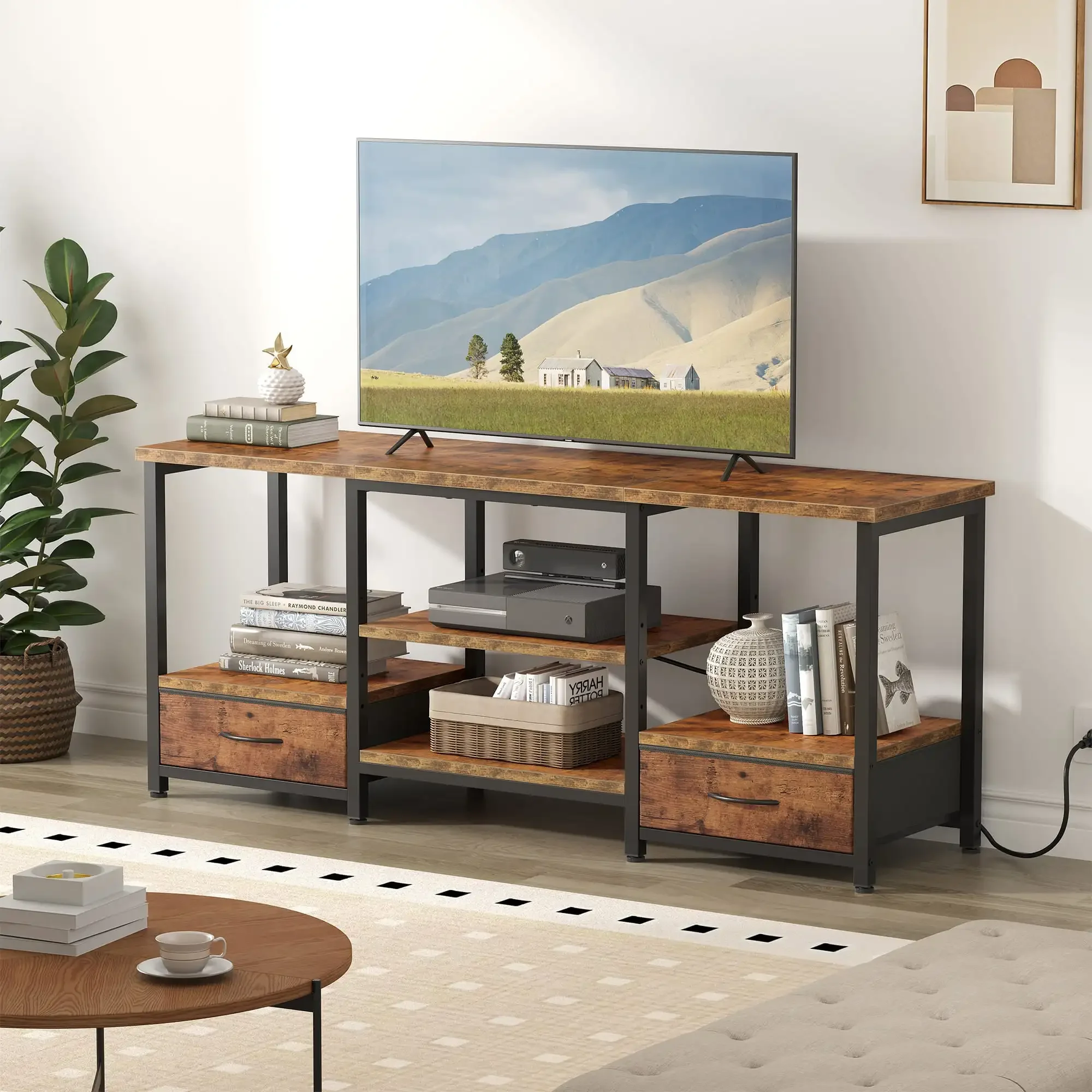 TV Stand with 2 Fabric Drawers & Adjustable Shevles for Living Room