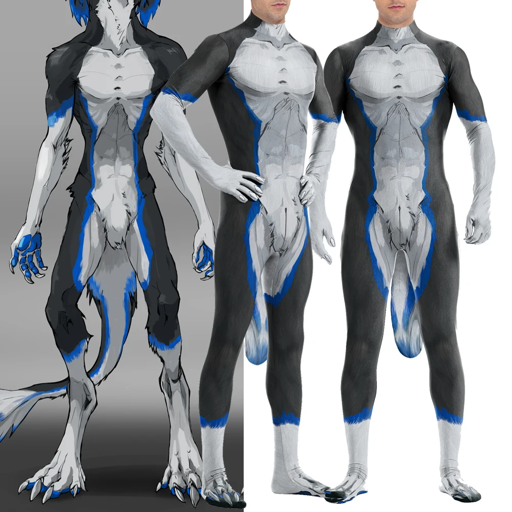 

Zawaland Wolf Animal Cosplay Costume 3D Texture Printed Men Bodysuit with Tail Crotch Zipper Jumpsuits Sexy Catsuit Zentai Suits