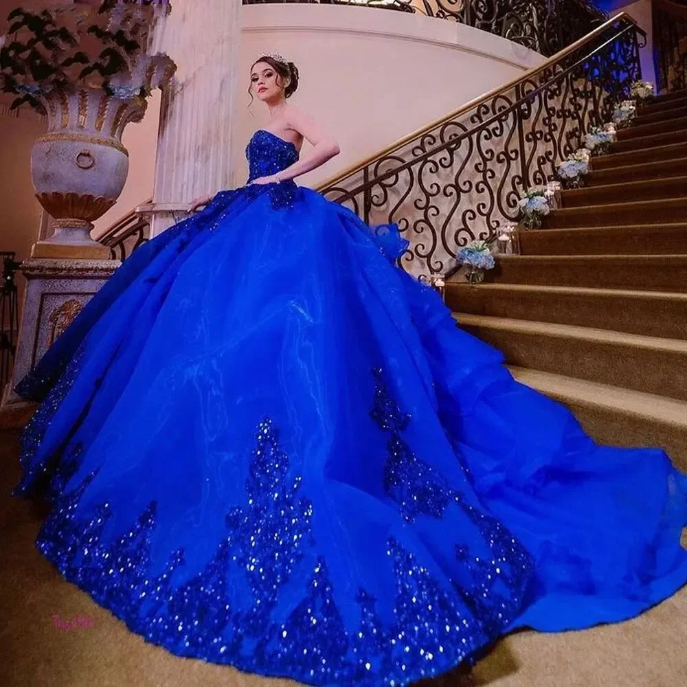 Custom Made Royal Blue Sweet 16 Quinceanera Jurken 2025 Baljurk Trompetmouwen Applique Mexico Vestidos De 15 Años