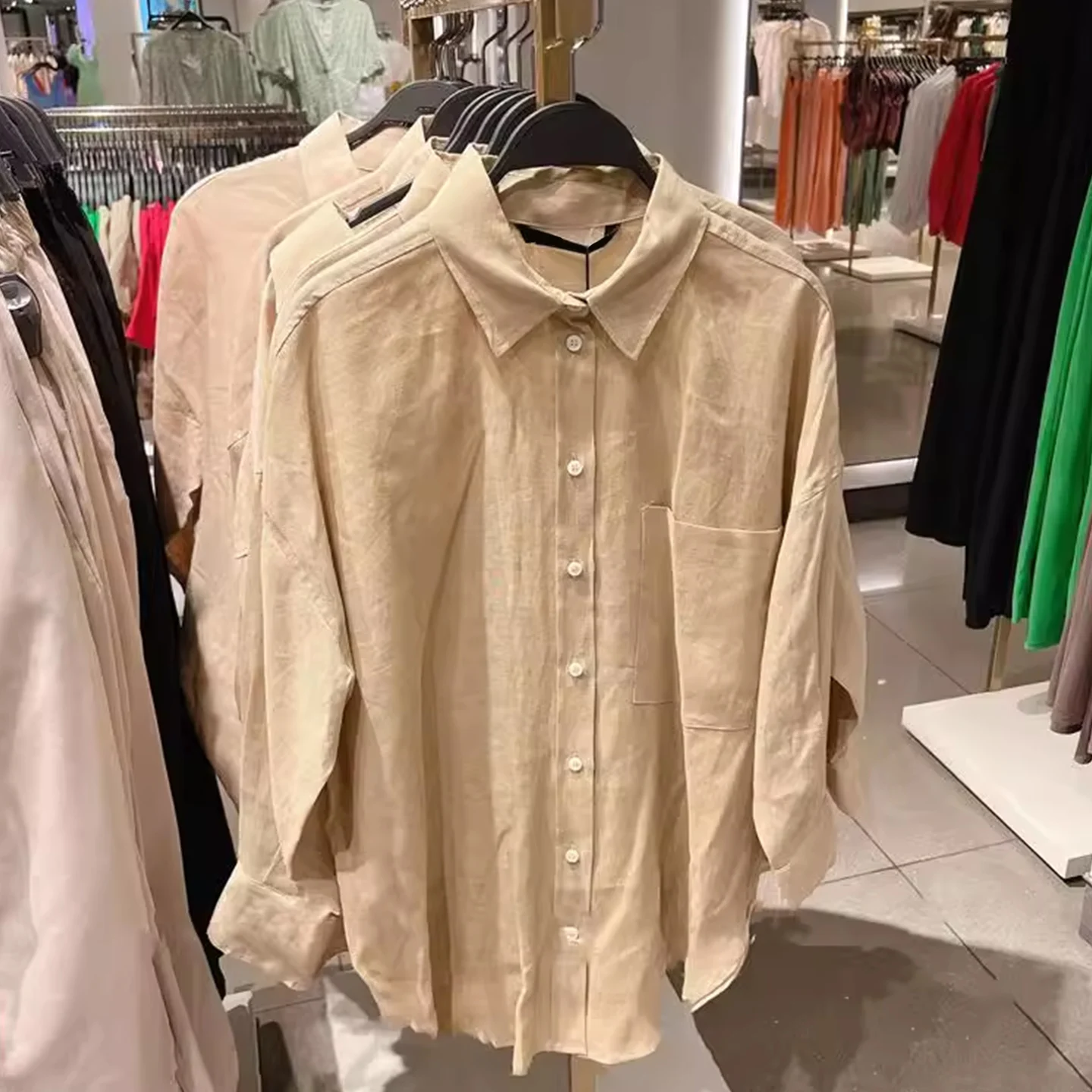 Neue Damen Bla Long Sve Leinen irt mit ket Design Sommer Loose Fit Kragen Reine Farbe Knopfverschluss