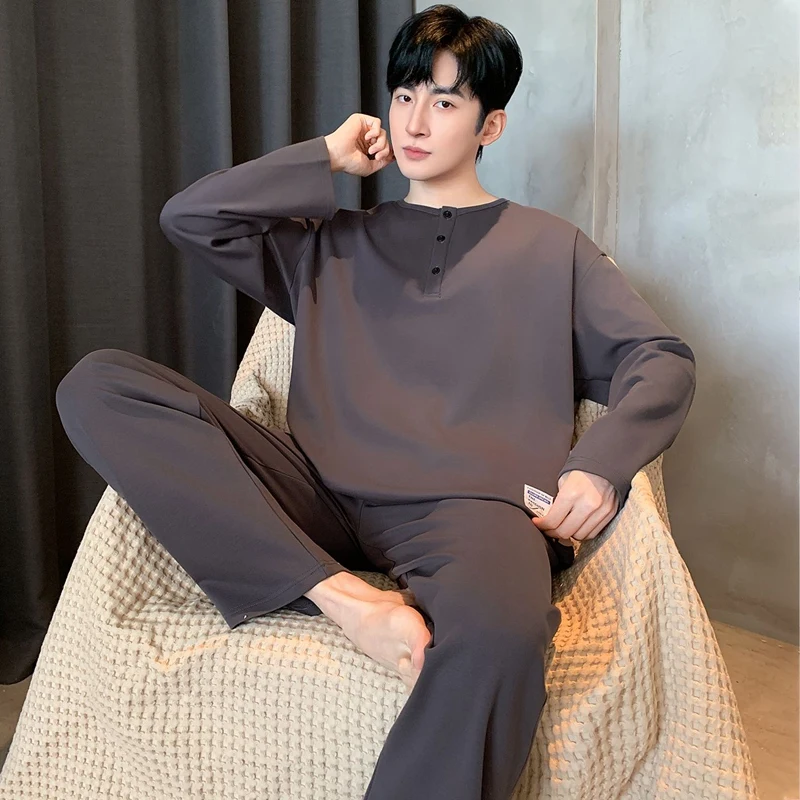 2026 Spring Autumn Plus Size Long Sleeve Cotton Pajama Set for Men Korean Loose Sleepwear Suit Pyjama Male Homewear Home Clothes