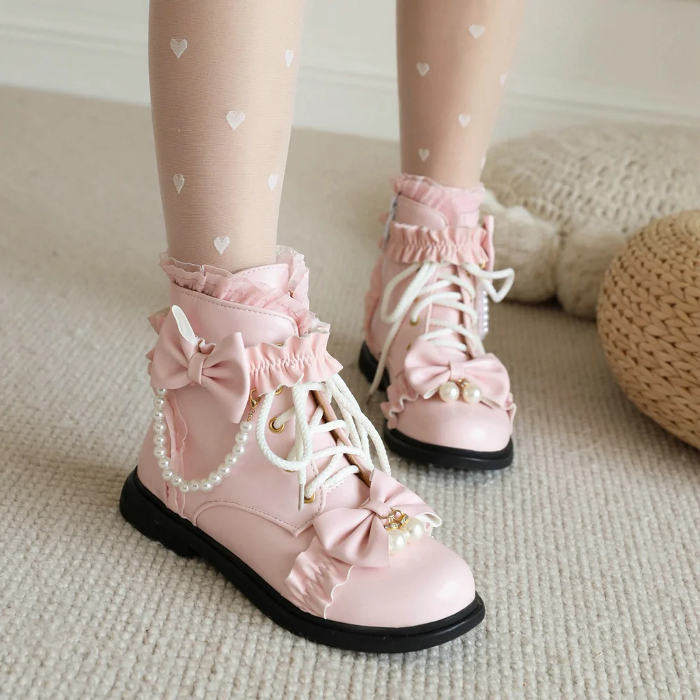 Autumn Winter Warm Plush Ankle Boots Women Flat Low Heels Platform Girls Short Bootie Gothic Sweet JK College Shoes Black Pink