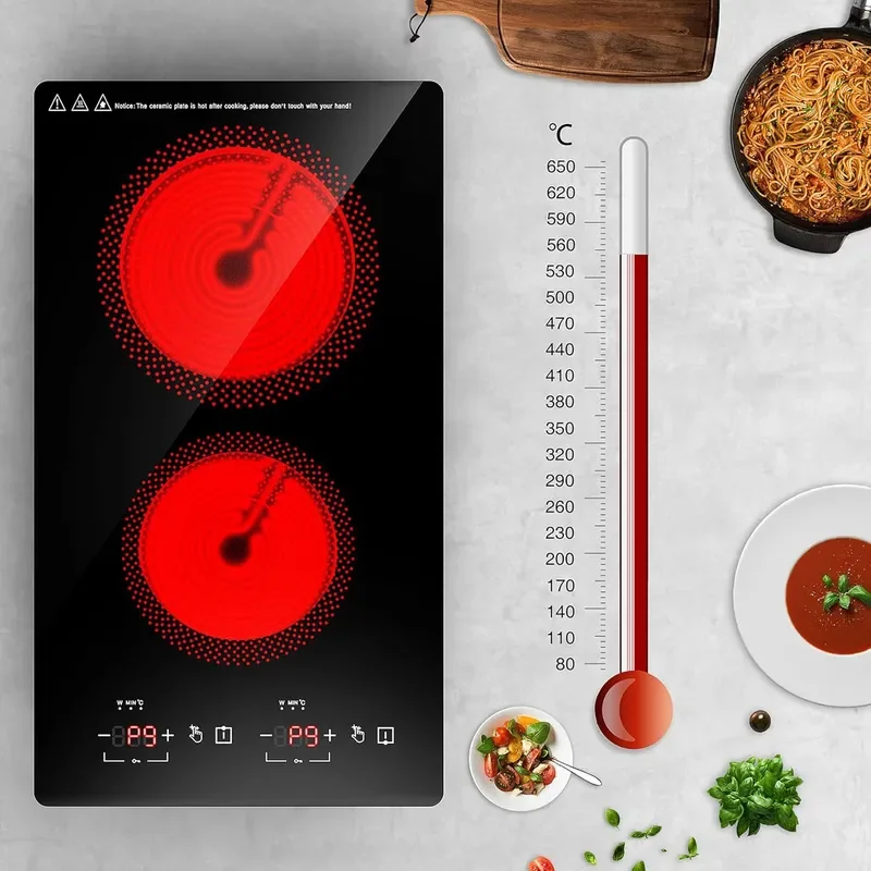for Electric Ceramic Stove 2 Burners 2100W 110V Countertop and Embedded Cooktop 9 Speed Power Levels Overheating Protection