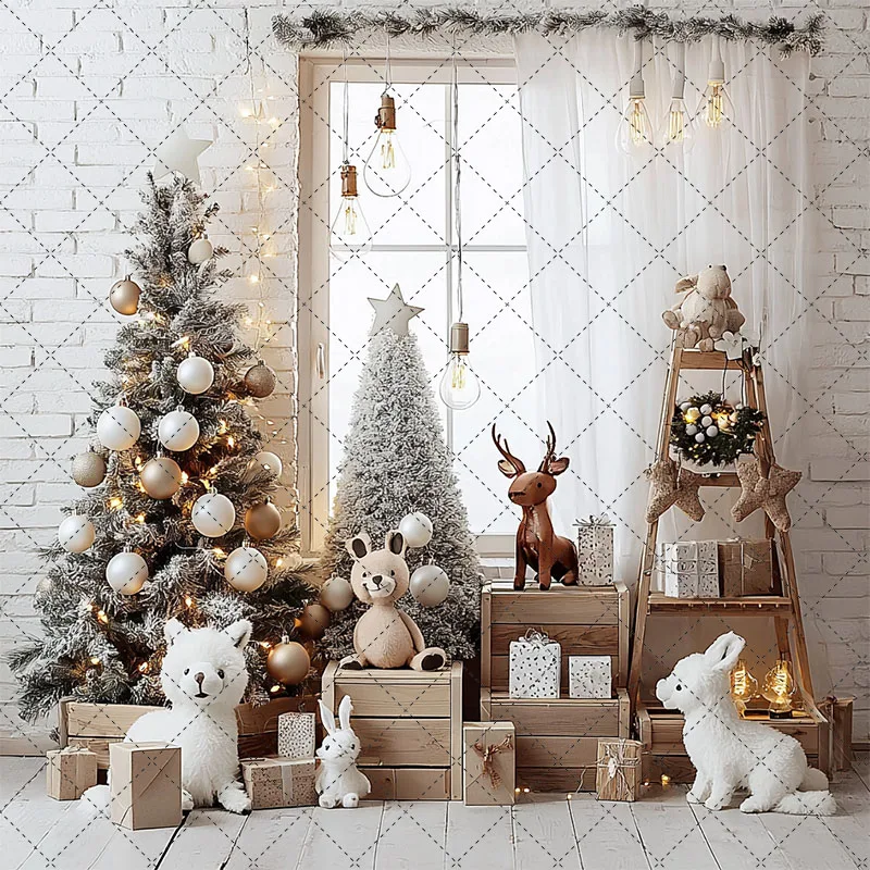 Mehofond التصوير خلفية أشجار عيد الميلاد لعبة الدب الاطفال حفلة عيد ميلاد سلالم خشبية الطوب جدار ديكور خلفية الصورة