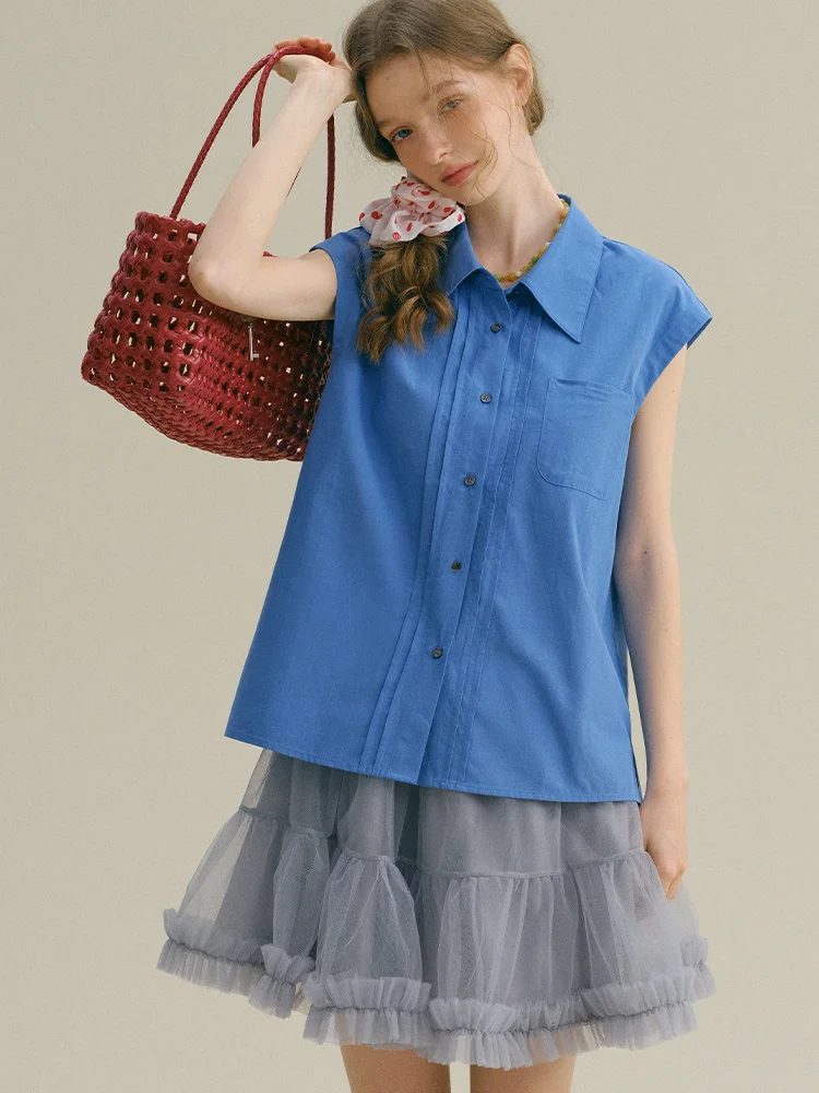 

Rina Berry Sleeveless Turn-down Collar Pure Color Basic Blue Shirt Summer Loose Retro Design Elegant Shirt Women's Fashion