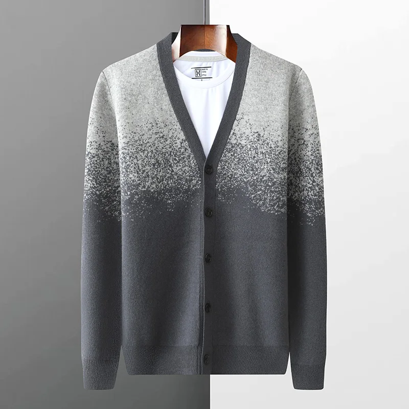 Autumn and winter new 100% pure wool cardigan men's V-neck gradient color matching thick loose coat knitted cashmere sweater