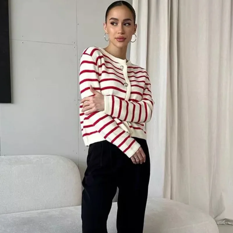 

Women's Fall Winter Tops Cardigan Knit Striped Round Neck Short Design Vintage Niche Skinny New Fashion Loose Premium Brand Soft