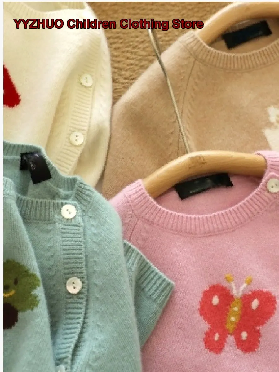 Boys Girls Side Open Knit Cardigan Round Neck Handmade Jacquard Pattern Kids Autumn Winter Stylish