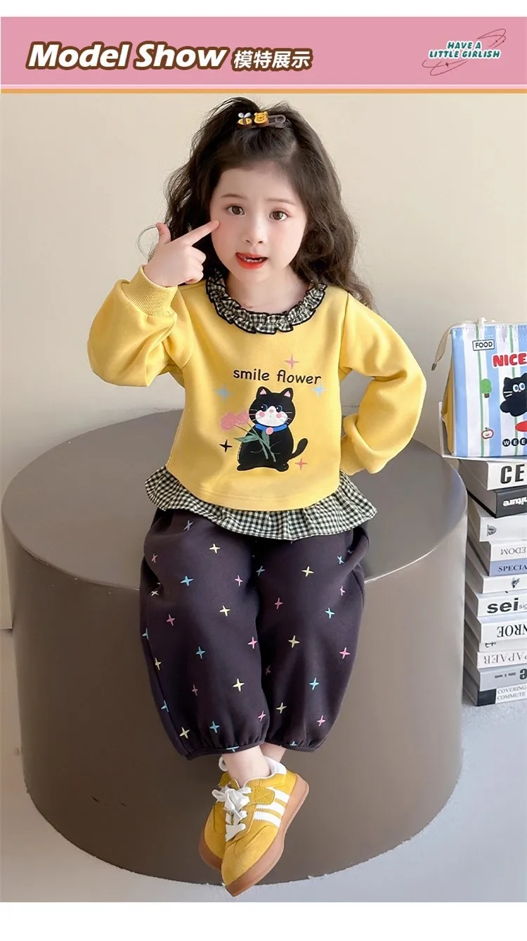 2026 Herbst Baby-Mädchen-Kleidungssets, Kinder-Sweatshirt mit Rüschenkragen und Cartoon-Print + Hose mit Sternenmuster, 2-teiliger Freizeitanzug für Kinder – Detail 2