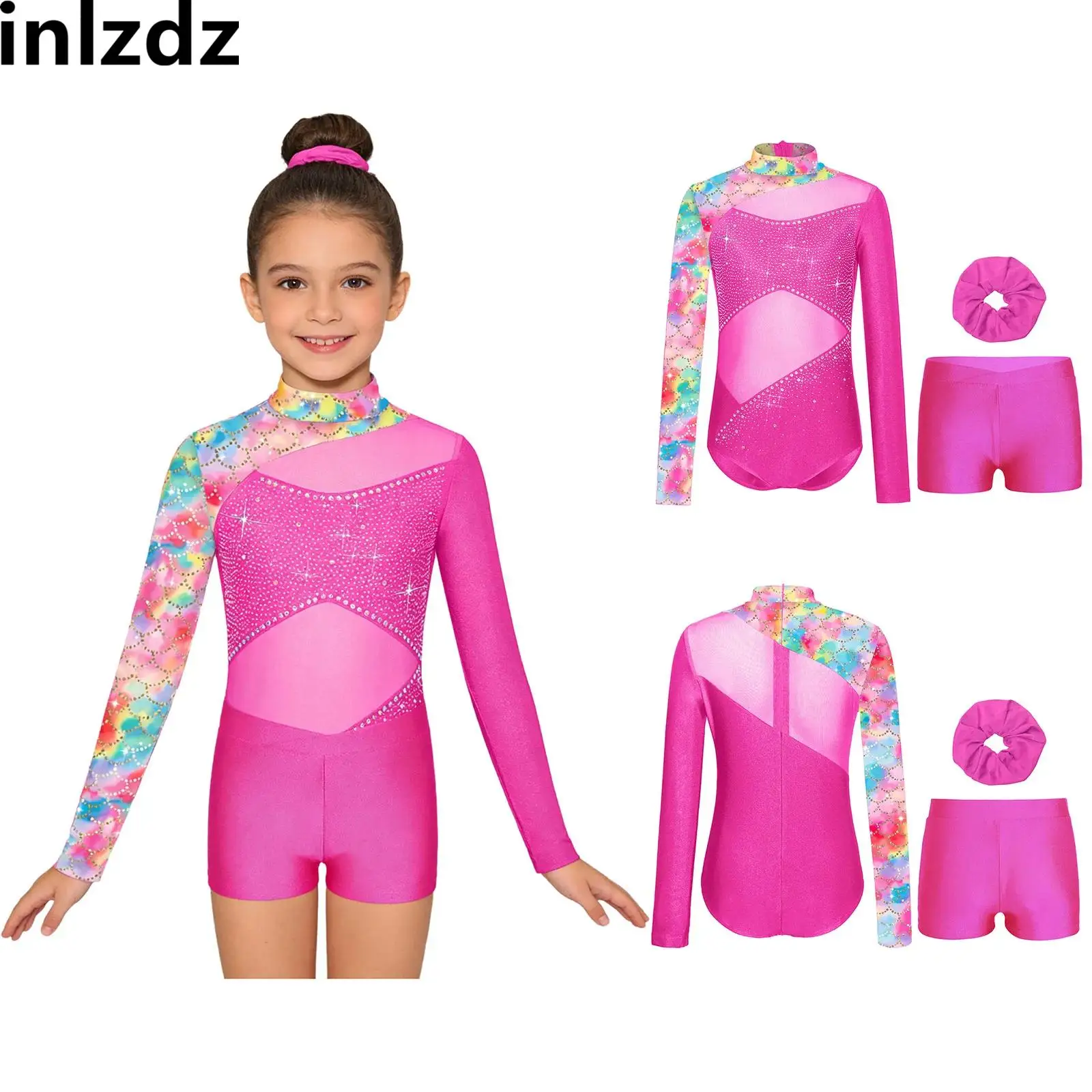 

Kids Figure Skating Ballet Dance Sets Girls Rhythmic Gymnastics Costume Long Sleeve Rhinestones Mesh Leotard+Shorts+Hairband Set