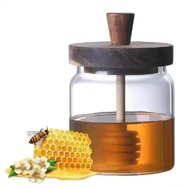 Honey Jar with Wooden Lid Premium Wooden Stirring Stick Glass Sealed Jar Transparent Honey Storage Jar Kitchen Storage Tank