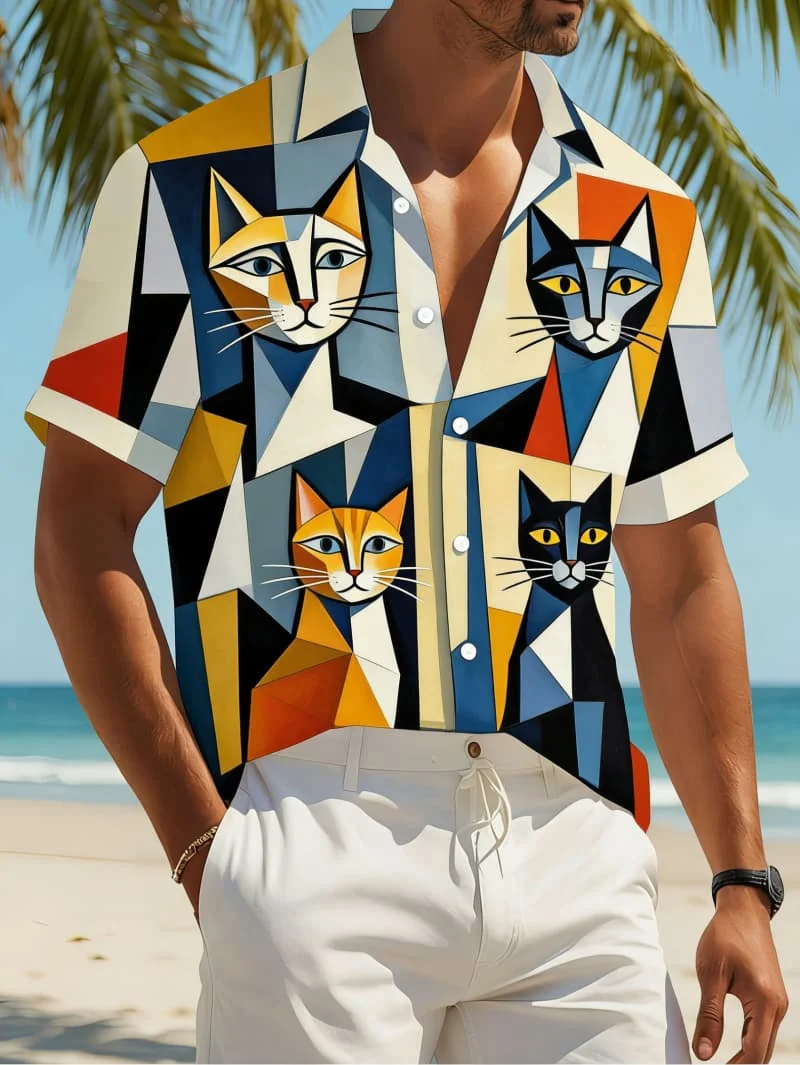 

Men's Trendy Cute Hawaiian Beach Short Sleeve Shirt - Cartoon Cat & Art Painting Print Casual Top For Summer Daily Streetwear