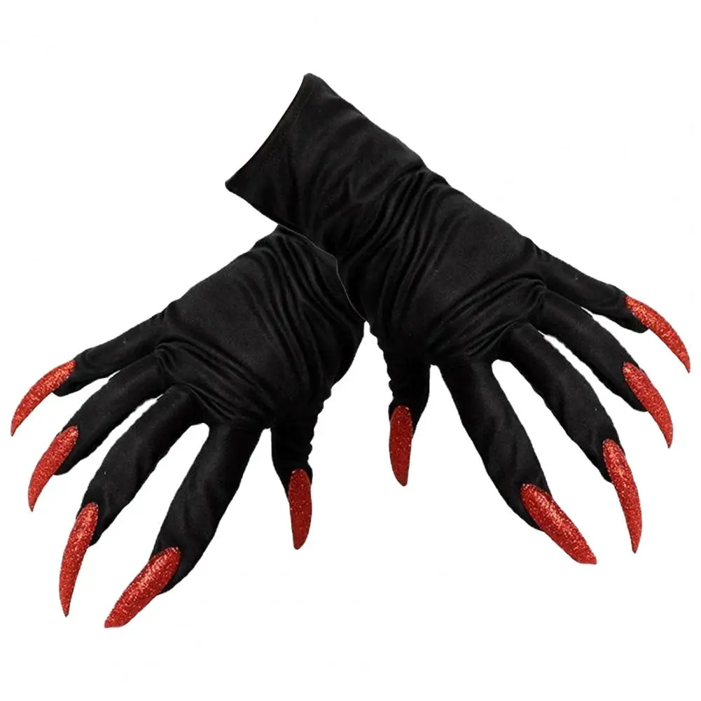 1 Pair Spooky Halloween Witch Gloves with Red Glitter Nail ,Halloween Long Nail Gloves, Props,Cosplay Costume Accessories