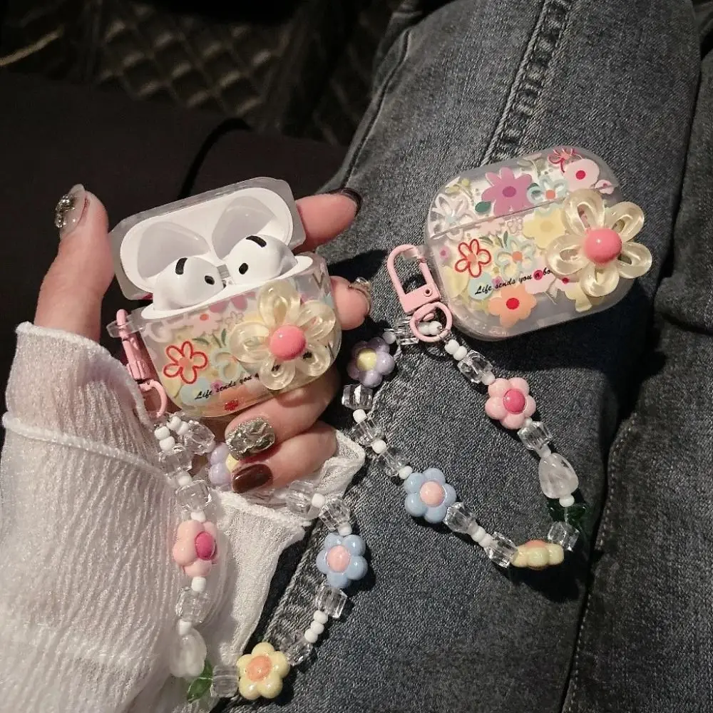 TPU素材フラワーイヤホンケース、ビーズキーホルダー付き、落下防止ヘッドホンケース、耐衝撃防塵、Airpods Pro2/1/2/3/4対応